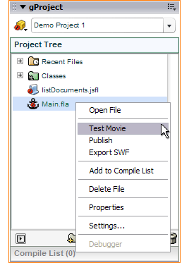 Right-click menu for FLA document Right-click menu for FLA document