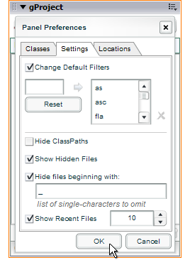 Panel Preferences >Settings